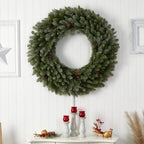 48 in. Prelit LED Large Flocked Artificial Christmas Wreath with Pinecones, 150 Clear LED Lights