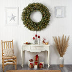 48 in. Prelit LED Large Flocked Artificial Christmas Wreath with Pinecones, 150 Clear LED Lights