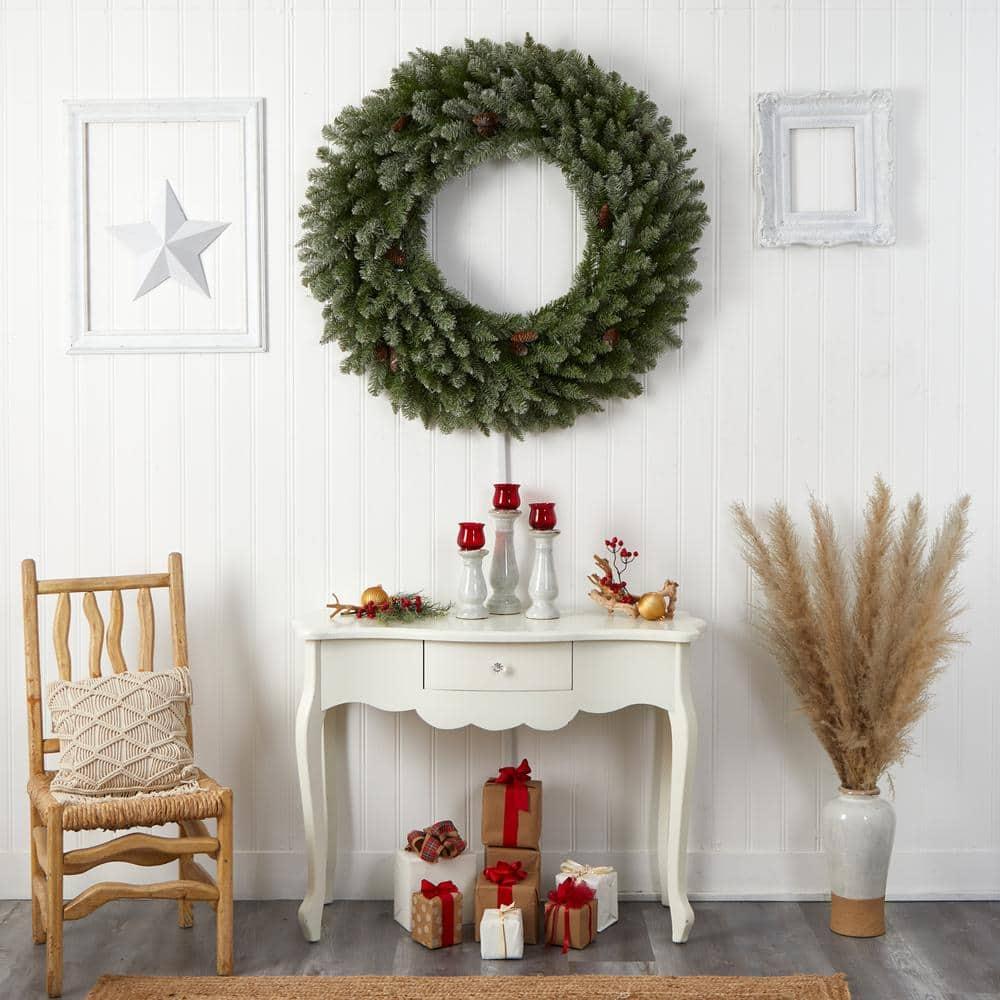 48 in. Prelit LED Large Flocked Artificial Christmas Wreath with Pinecones, 150 Clear LED Lights