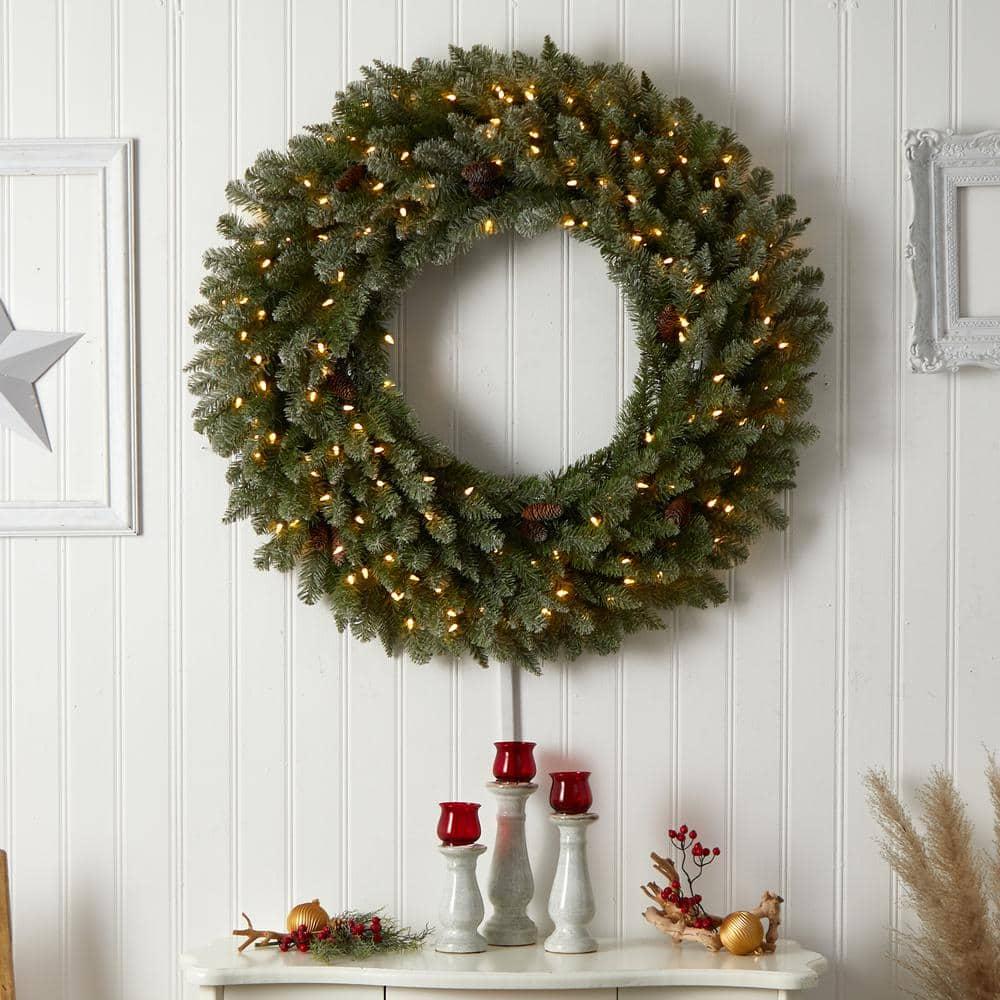 48 in. Prelit LED Large Flocked Artificial Christmas Wreath with Pinecones, 150 Clear LED Lights