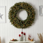 48 in. Prelit LED Large Flocked Artificial Christmas Wreath with Pinecones, 150 Clear LED Lights