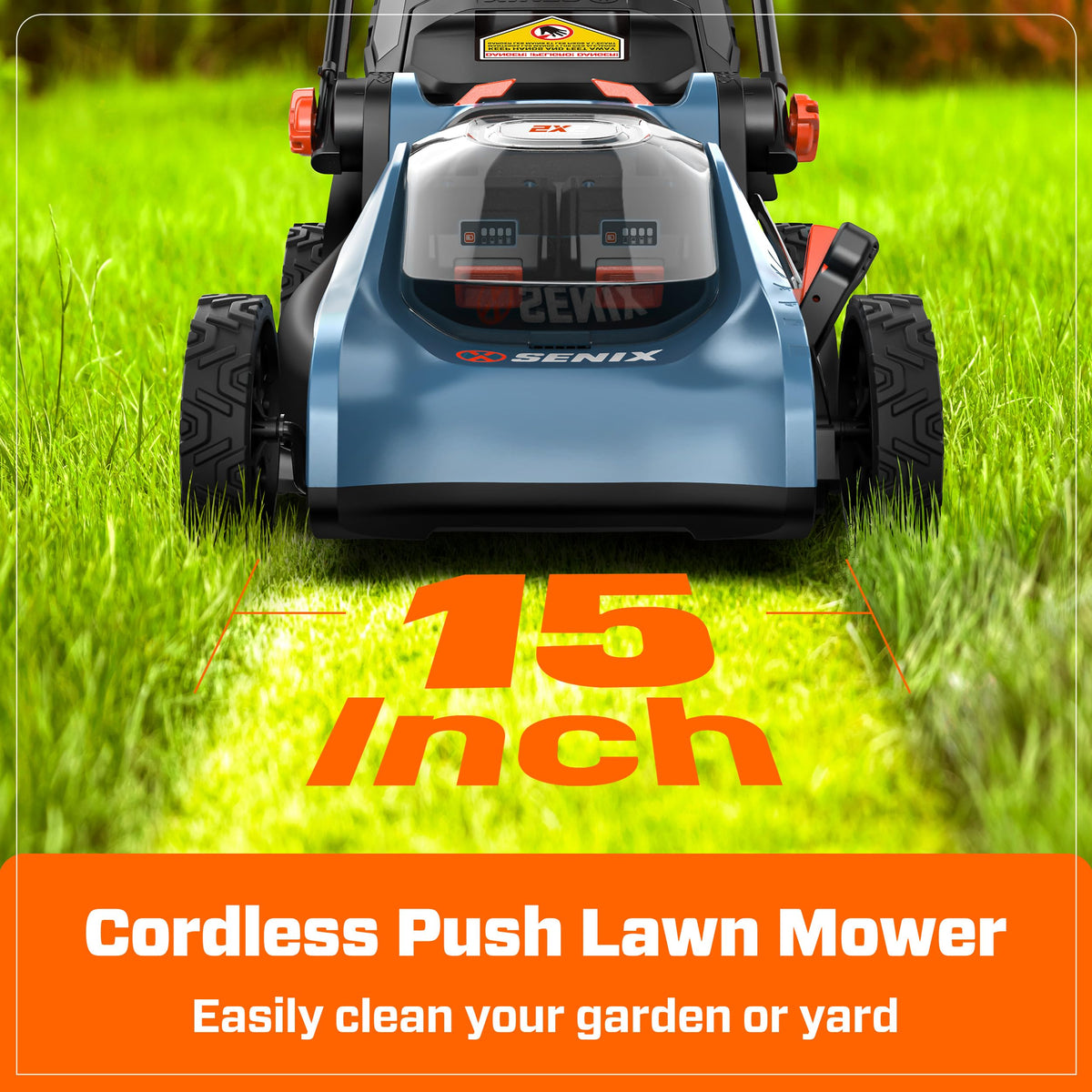 40V Cordless Lawn Mower,15" 2-in-1 Mulch/Bag,6-Position Height Adjust,ECO Mode &amp; Battery Indicator,Foldable Handle,1.3 Bushel Grass Bag,2×4Ah Batteries+3.0A Charger