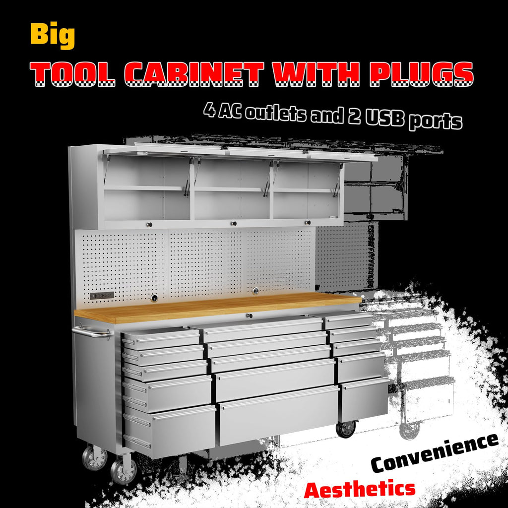 72-inch Rolling Tool Cabinet Mobile Workbench Tool Chest with 15 StoraDrawers, Wheels, 3 Uper Cabinet, Outlet, SS Pegboard,  Steel