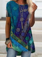 Round Neck Retro Print Casual Short-sleeved T-shirt