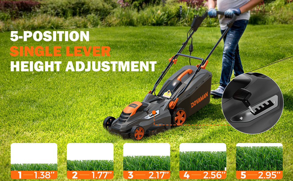 13Amp 16" Lawn Mower, 98% Collection, 13.2-Gallon Bag, 5-Position Height Adjustment, 3-Step  Vertical Fold Storage, 2-in-1 Mulching &amp; Bagging, Corded Lawn Mower for Your Garden