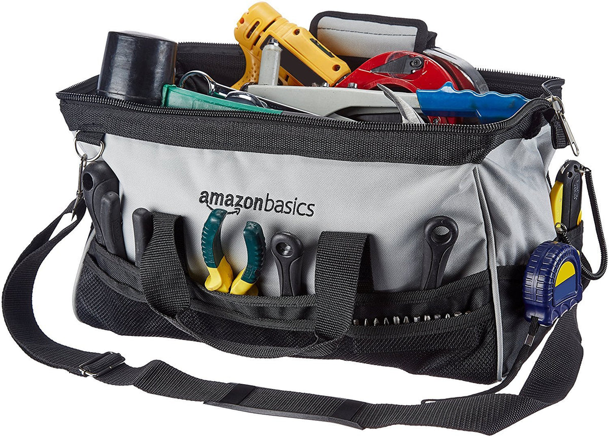 Durable Wear-Resistant Tool StoraBag with Adjustable Shoulder Strap, Portable Tool Organizer, 16 in, Black & Grey