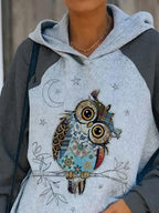Casual Owl Print Long-Sleeved Hooded Sweatshirt