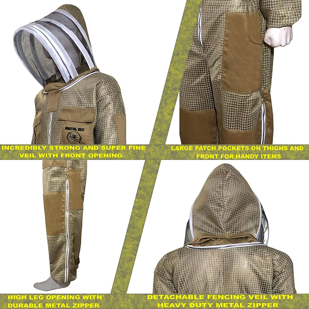 brutul bee 3 layer beekeeping ultralight ventilated suit with fencing veil (khaki, 5xl)
