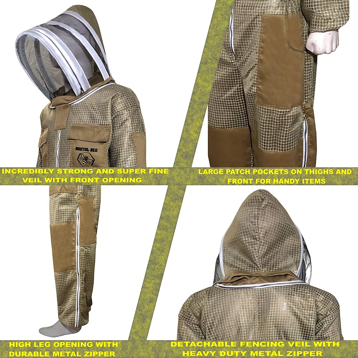 brutul bee 3 layer beekeeping ultralight ventilated suit with fencing veil (khaki, 5xl)