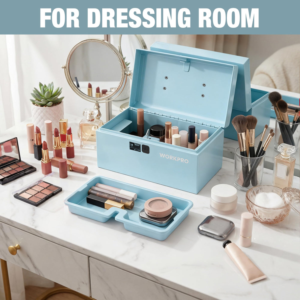 10.8" Mini Metal Tool Box with Removable Tray | Steel Toolbox, One-Button Latch, PP Handle, Removable Tray, Portable Storage, Home and Workshop Organization