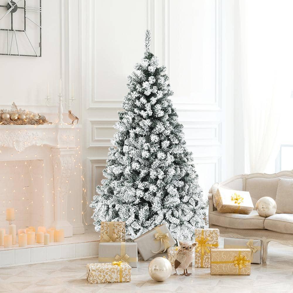 6 ft. Pre-Lit LED Flocked Snow Hinged Pine Artificial Christmas Tree with 250 White Lights