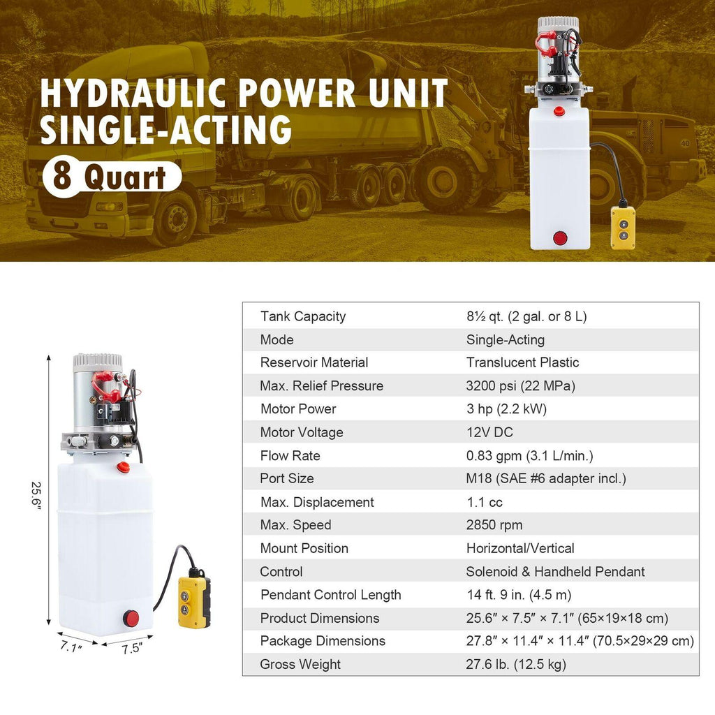 8 Quart 12V Single Acting Hydraulic Pump for Dump Truck Bed Aerial Platform More