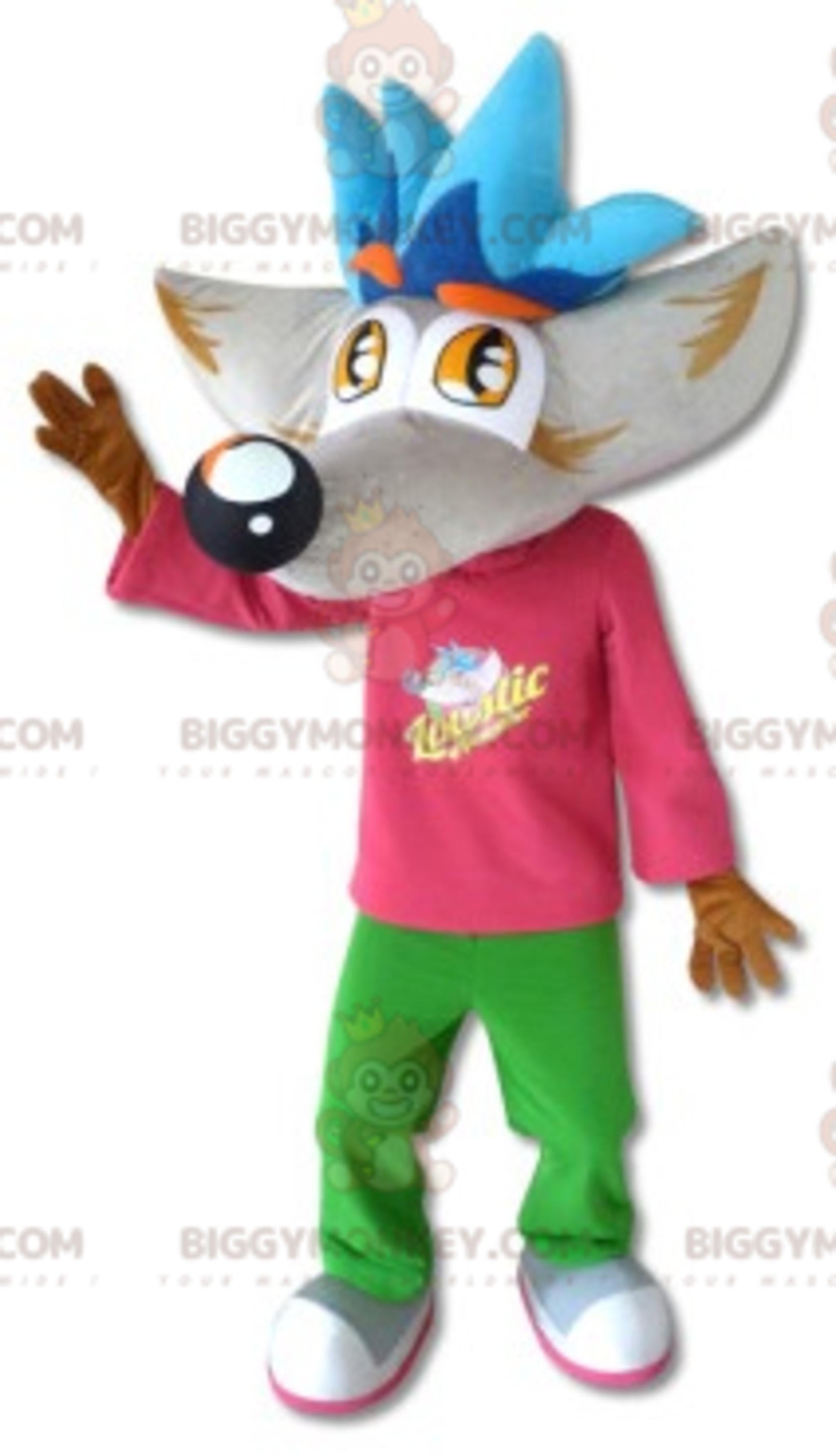 BIGGYMONKEYGray and Brown Wolf Mascot Costume with Colorful Outfit