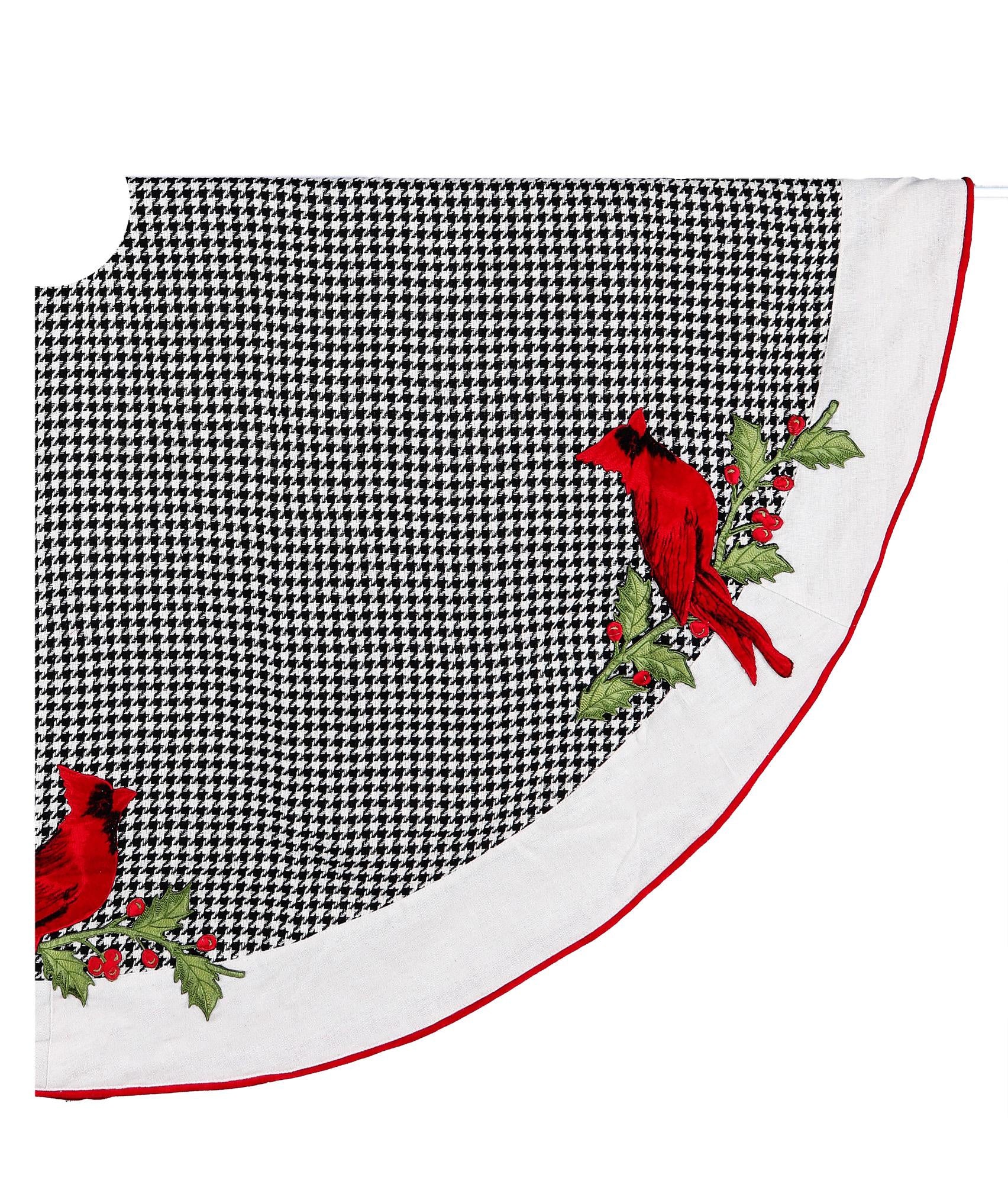 64" Black, White and Red Embroidered Cardinal Hounds Tooth Tree Skirt