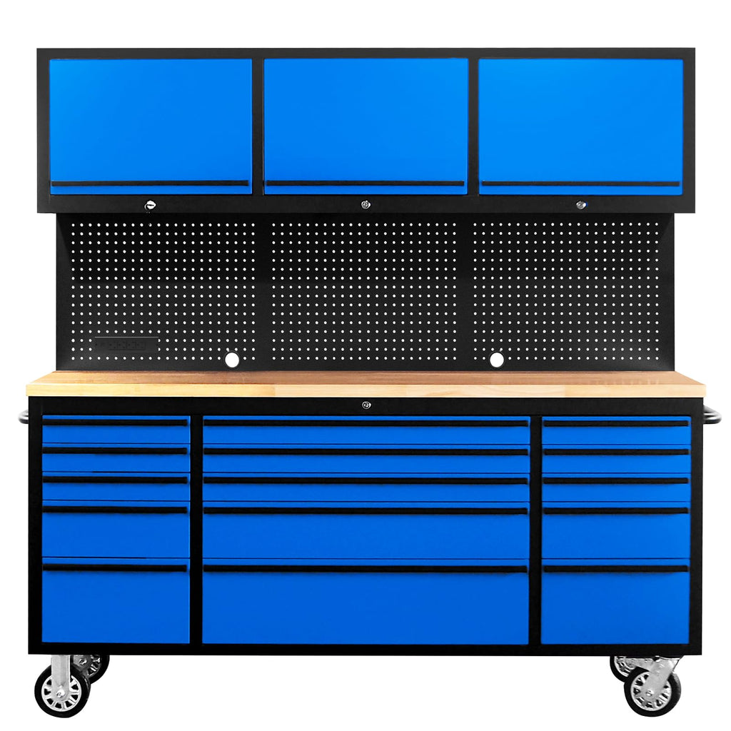 72 inch Tool Chest Tool Box Mobile 15 Drawer Stora3 Upper Cabinet Power Outlet SS-Pegboard with Wheels Lock Key LocSystem Drawer Liners for GaraWarehouse Repair Shop
