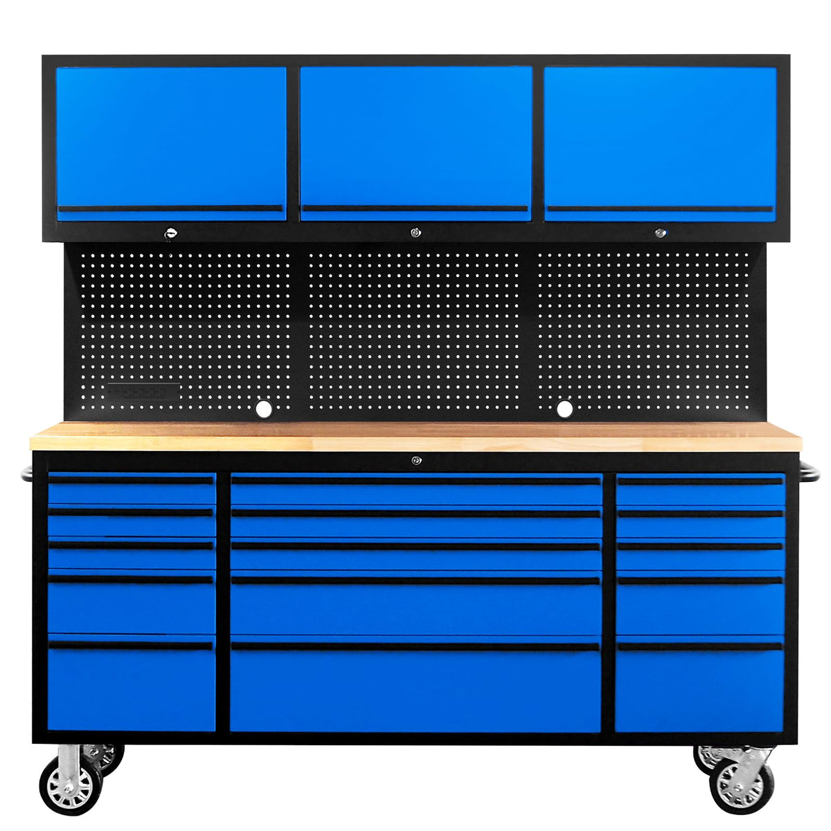 72 inch Tool Chest Tool Box Mobile 15 Drawer Stora3 Upper Cabinet Power Outlet SS-Pegboard with Wheels Lock Key LocSystem Drawer Liners for GaraWarehouse Repair Shop