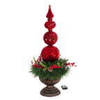 Evergreen 36"H Red Finial Shatterproof Battery Operated Twinkling White LED Ornament with Wreath in Urn, 14''x 14'' x 36'' inches