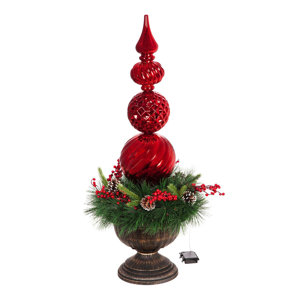 Evergreen 36"H Red Finial Shatterproof Battery Operated Twinkling White LED Ornament with Wreath in Urn, 14''x 14'' x 36'' inches