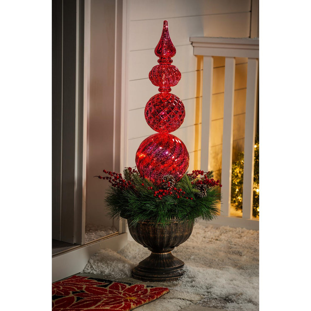 Evergreen 36"H Red Finial Shatterproof Battery Operated Twinkling White LED Ornament with Wreath in Urn, 14''x 14'' x 36'' inches