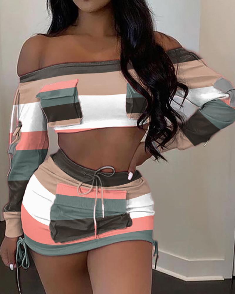 colorblock off shoulder pocket detail long sleeve crop top &amp; drawstring skirt set