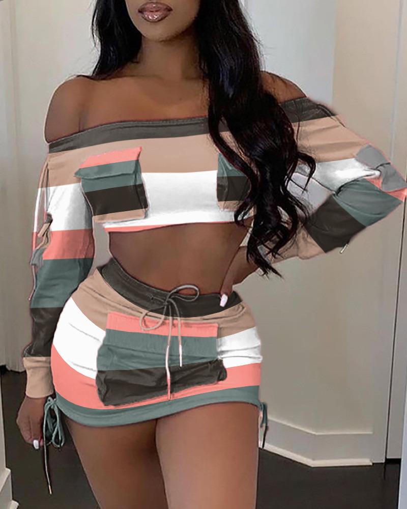 colorblock off shoulder pocket detail long sleeve crop top &amp; drawstring skirt set