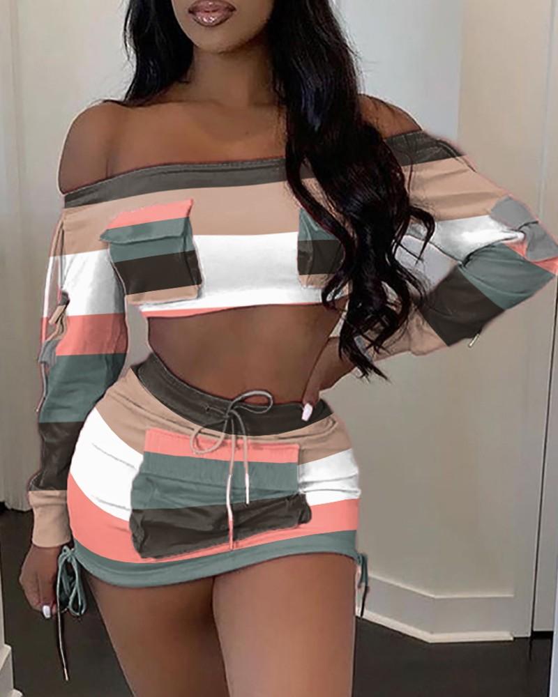 colorblock off shoulder pocket detail long sleeve crop top &amp; drawstring skirt set