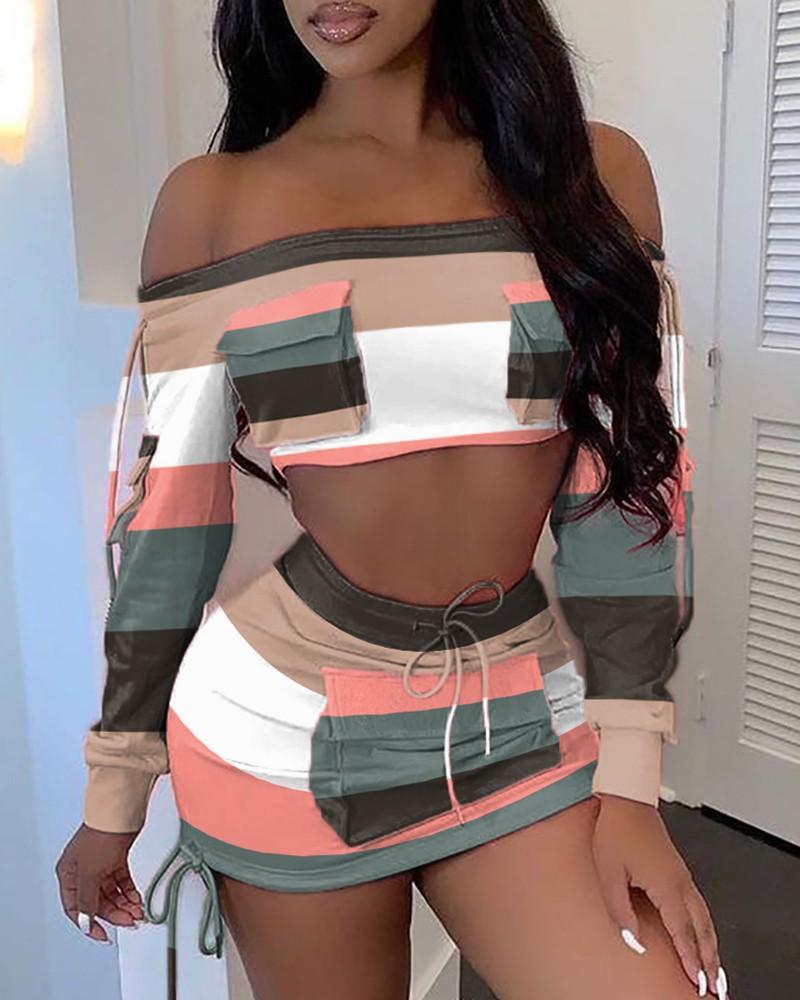 colorblock off shoulder pocket detail long sleeve crop top &amp; drawstring skirt set
