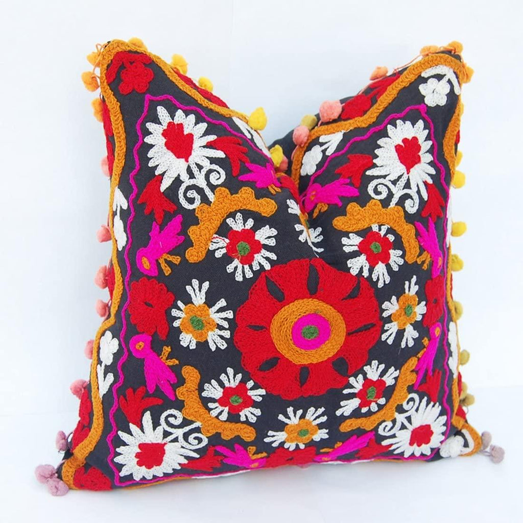 Suzani Pillows Cover, Embroidered Cushion Cover 16x16, Decorative Throw Pillow Case, Indian Pom Pom Outdoor Cushions, Boho Pillow Shams (50)
