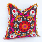 Suzani Pillows Cover, Embroidered Cushion Cover 16x16, Decorative Throw Pillow Case, Indian Pom Pom Outdoor Cushions, Boho Pillow Shams (50)