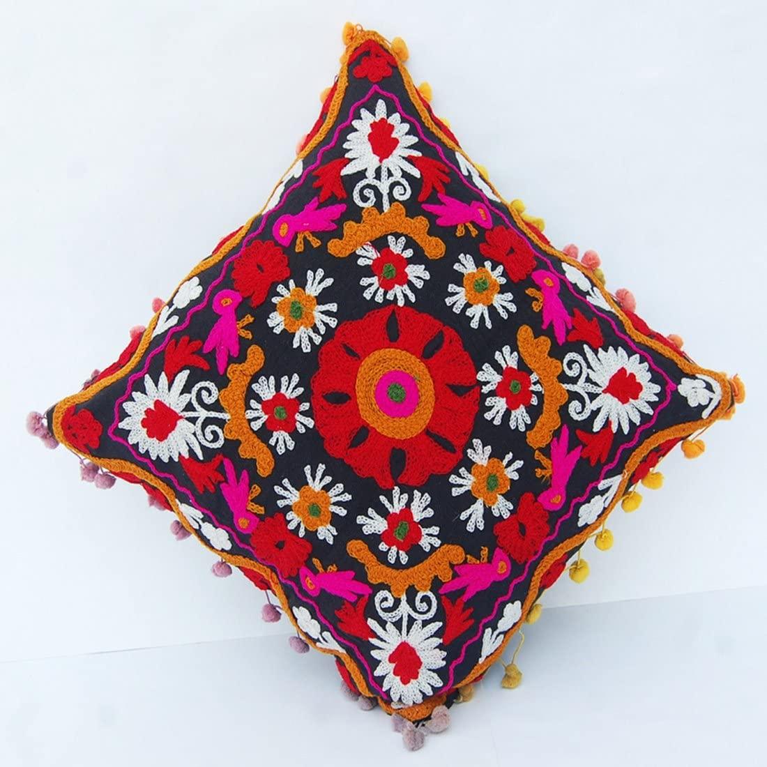 Suzani Pillows Cover, Embroidered Cushion Cover 16x16, Decorative Throw Pillow Case, Indian Pom Pom Outdoor Cushions, Boho Pillow Shams (50)