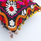 Suzani Pillows Cover, Embroidered Cushion Cover 16x16, Decorative Throw Pillow Case, Indian Pom Pom Outdoor Cushions, Boho Pillow Shams (50)