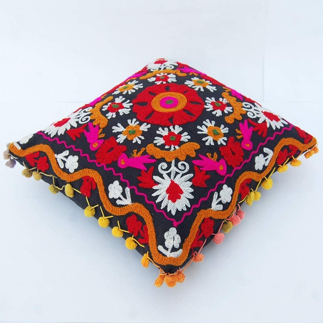 Suzani Pillows Cover, Embroidered Cushion Cover 16x16, Decorative Throw Pillow Case, Indian Pom Pom Outdoor Cushions, Boho Pillow Shams (50)