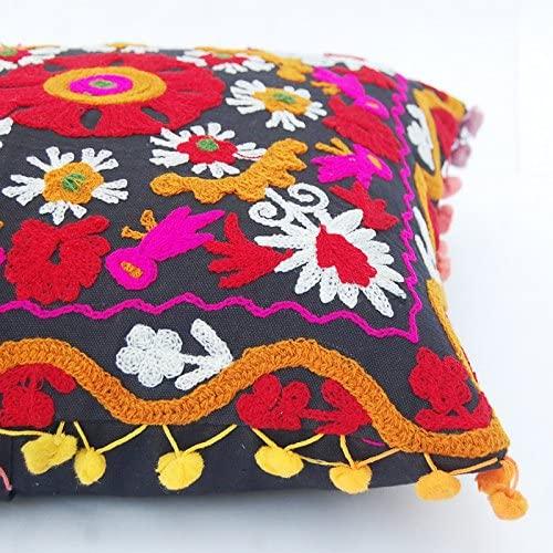 Suzani Pillows Cover, Embroidered Cushion Cover 16x16, Decorative Throw Pillow Case, Indian Pom Pom Outdoor Cushions, Boho Pillow Shams (50)