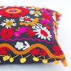 Suzani Pillows Cover, Embroidered Cushion Cover 16x16, Decorative Throw Pillow Case, Indian Pom Pom Outdoor Cushions, Boho Pillow Shams (50)