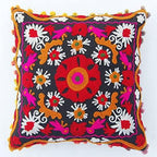 Suzani Pillows Cover, Embroidered Cushion Cover 16x16, Decorative Throw Pillow Case, Indian Pom Pom Outdoor Cushions, Boho Pillow Shams (50)
