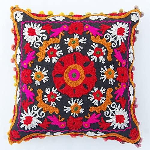 Suzani Pillows Cover, Embroidered Cushion Cover 16x16, Decorative Throw Pillow Case, Indian Pom Pom Outdoor Cushions, Boho Pillow Shams (50)