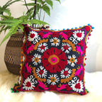 Suzani Pillows Cover, Embroidered Cushion Cover 16x16, Decorative Throw Pillow Case, Indian Pom Pom Outdoor Cushions, Boho Pillow Shams (50)