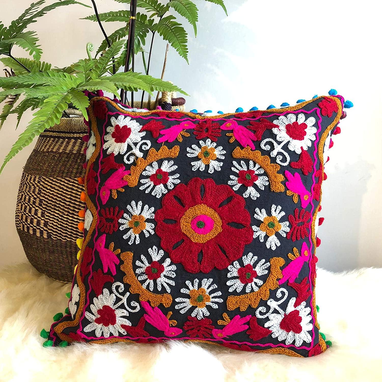 Suzani Pillows Cover, Embroidered Cushion Cover 16x16, Decorative Throw Pillow Case, Indian Pom Pom Outdoor Cushions, Boho Pillow Shams (50)