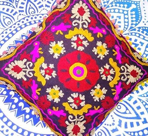 Suzani Pillows Cover, Embroidered Cushion Cover 16x16, Decorative Throw Pillow Case, Indian Pom Pom Outdoor Cushions, Boho Pillow Shams (50)
