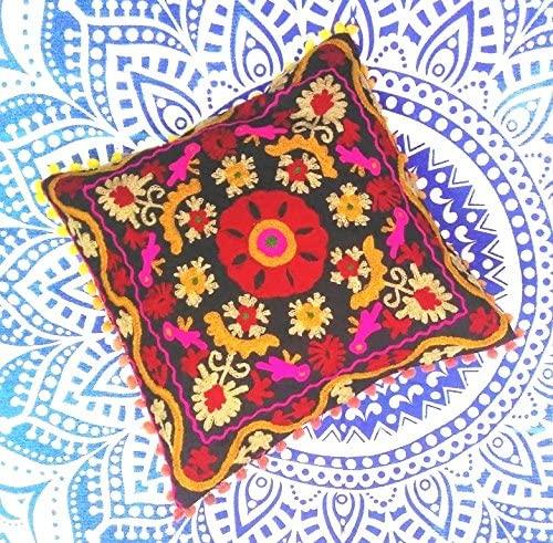 Suzani Pillows Cover, Embroidered Cushion Cover 16x16, Decorative Throw Pillow Case, Indian Pom Pom Outdoor Cushions, Boho Pillow Shams (50)