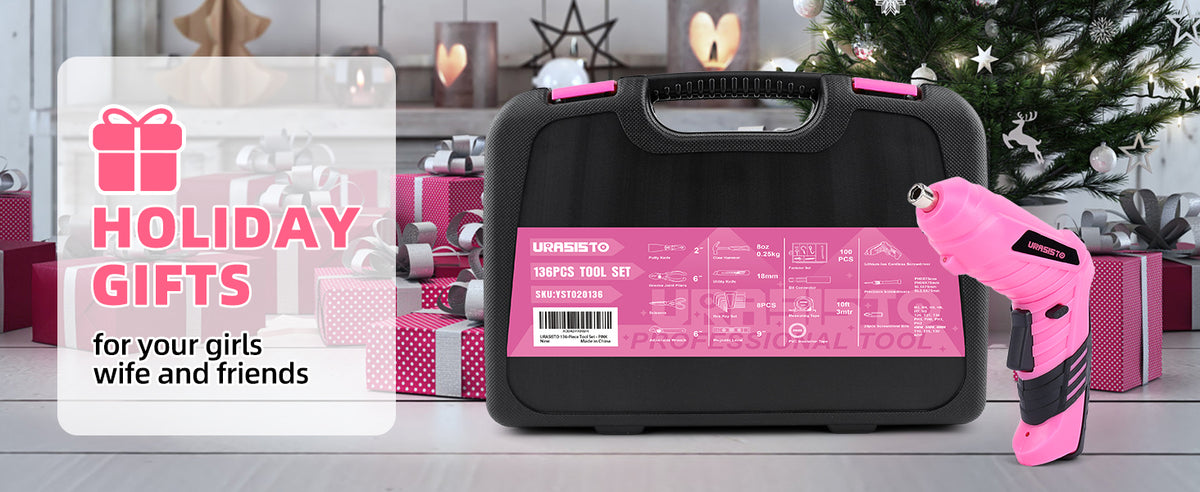 Pink Household Tool Set with 3.6V USB Electric Screwdriver, 136 PCS Home Tool Kit with Cordless Lithium-ion Drill Driver, Hand Tool Kits for Women