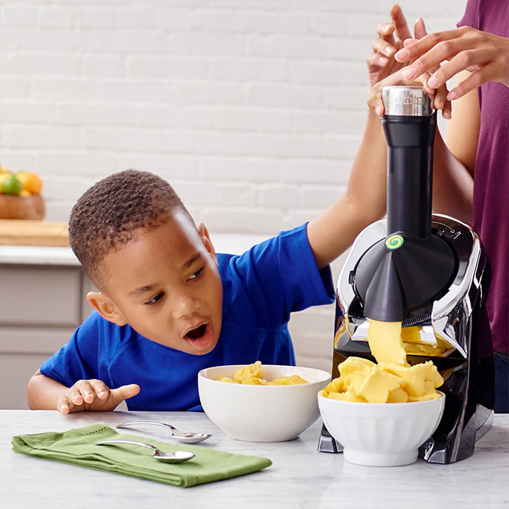 Deluxe Frozen Fruit Soft Serve Dessert Maker, Vegan and Dairy-Treats with No Added Sugar, Easy Push Button Operation, Includes 75 Recipe Booklet, Dishwasher Safe Parts, in Black