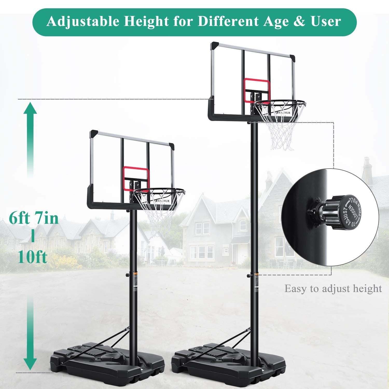 MARNUR Basketball Hoop Portable Basketball Goal System with Adjustable Height with Big Backboard &amp; Wheels and LarBase for Youth &amp; Adults Family Indoor Outdoor