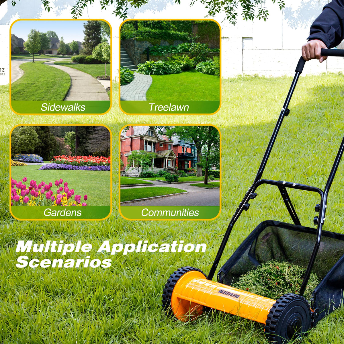 Manual Reel Lawn Mower with Grass Catcher, 16-Inch Cutting Width | 16-inch cutting width for efficient yard care, manual push mower with 7.9-gallon grass collection bag for quiet, clean mowing
