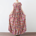 Women Retro Floral Gathered Casual Linen Maxi Short Sleeve Dress