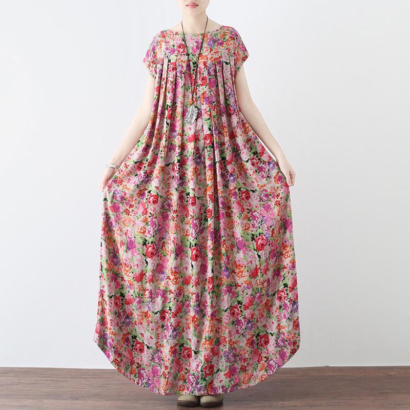 Women Retro Floral Gathered Casual Linen Maxi Short Sleeve Dress