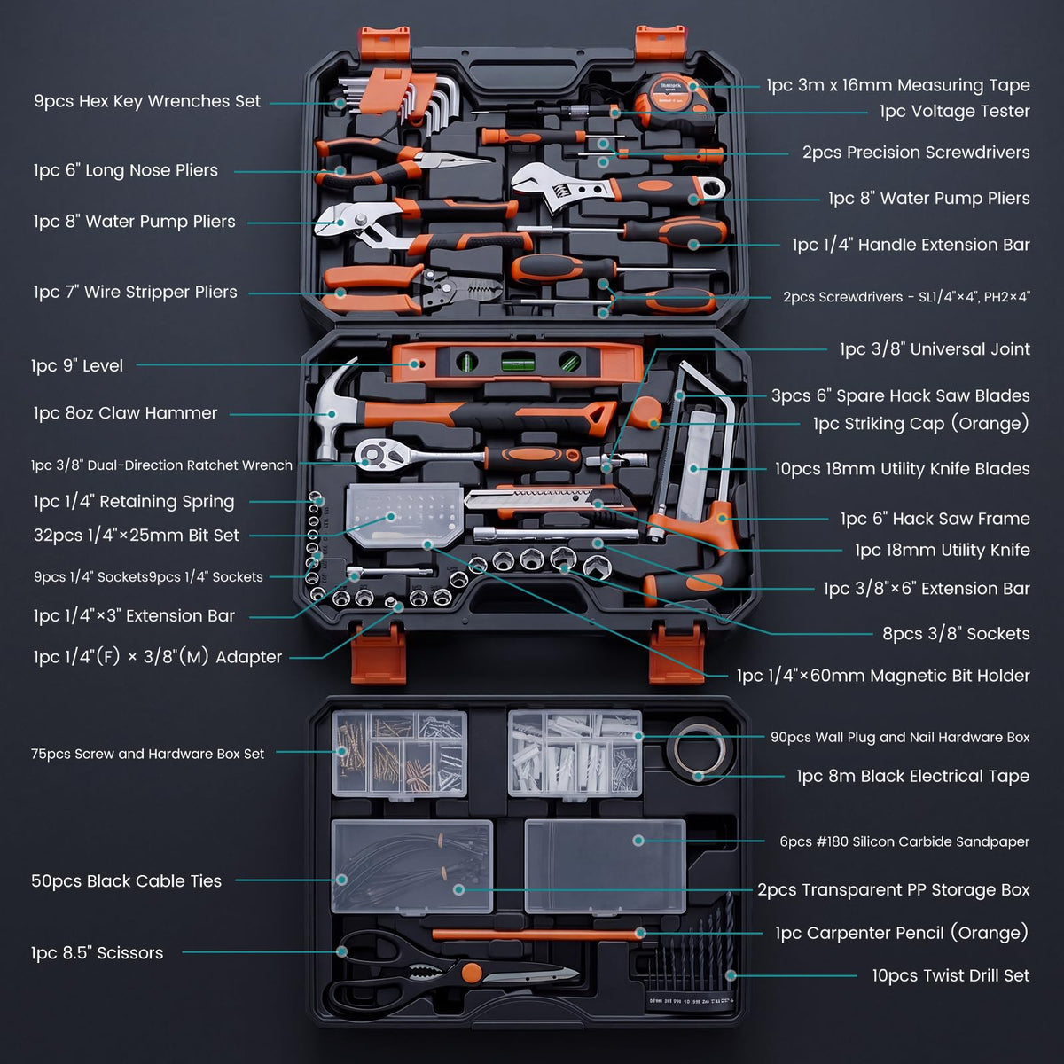 330-Piece Complete Homeowners Tool Box Set with Pull-Out Drawer | Durable Tool Kit, Versatile Home Repair Tool Kit for Auto & Household, DIY Projects