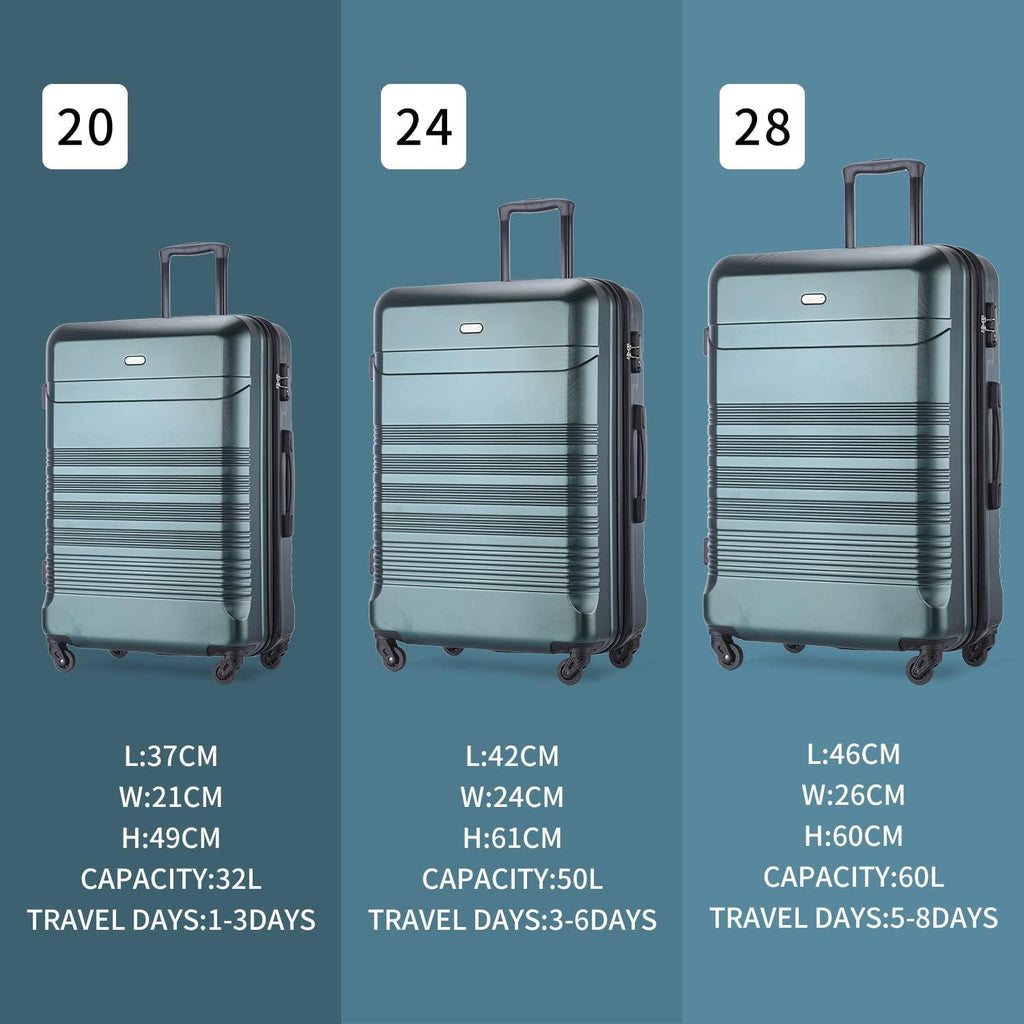 Luggage Set of 3 (20"/24"/28" Only) Travel Case with Swivel Single Wheel Light PC+ABS TSA Lock(green)