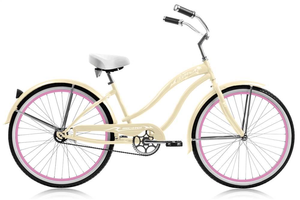 Micargi ROVER GX 26" Beach Cruiser Coaster Brake Single Speed  Steel Spokes One Piece Crank Alloy Pink Rims 36H With Fenders Color: Vanilla/ Pink Rim