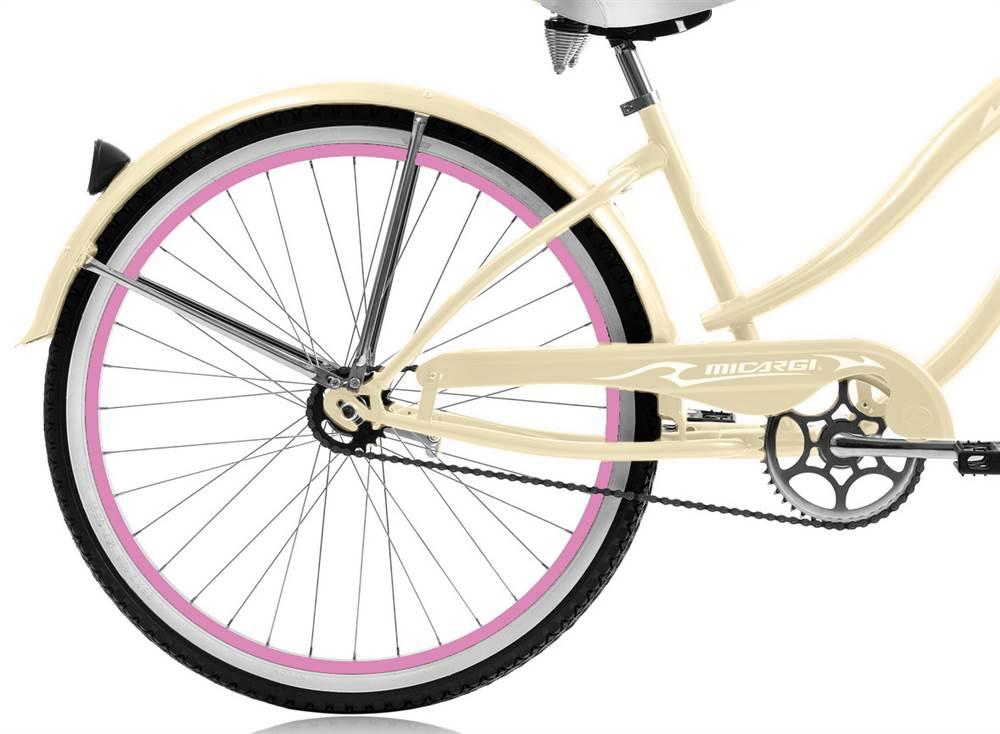 Micargi ROVER GX 26" Beach Cruiser Coaster Brake Single Speed  Steel Spokes One Piece Crank Alloy Pink Rims 36H With Fenders Color: Vanilla/ Pink Rim